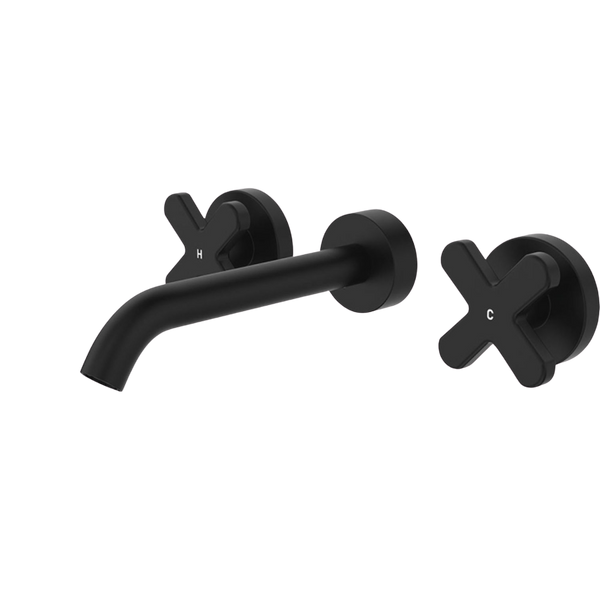 Fienza Kaya Cross Taps Wall Basin/Bath 180mm Outlet Set Matte Black Lead Free