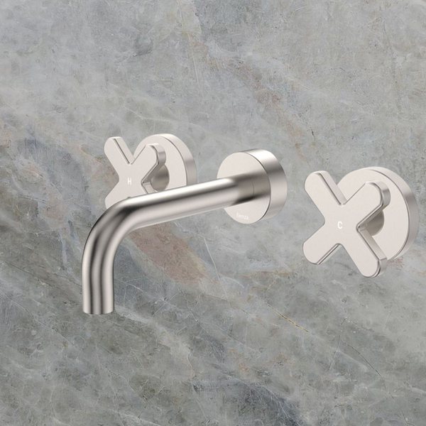 Fienza Kaya Cross Taps Wall Basin/Bath 130mm Outlet Set Brushed Nickel Lead Free