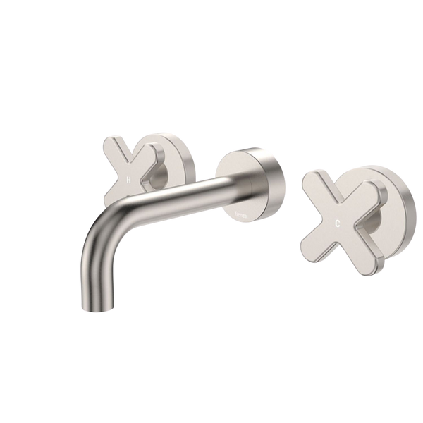 Fienza Kaya Cross Taps Wall Basin/Bath 130mm Outlet Set Brushed Nickel Lead Free