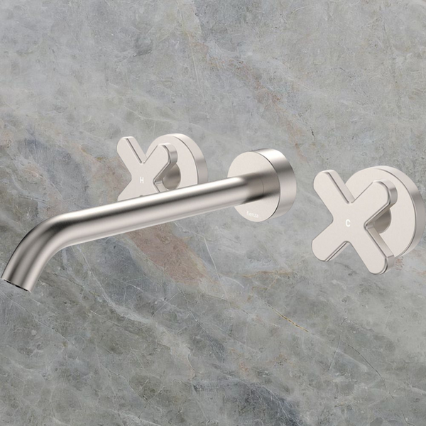 Fienza Kaya Cross Taps Wall Basin/Bath 220mm Outlet Set Brushed Nickel Lead Free
