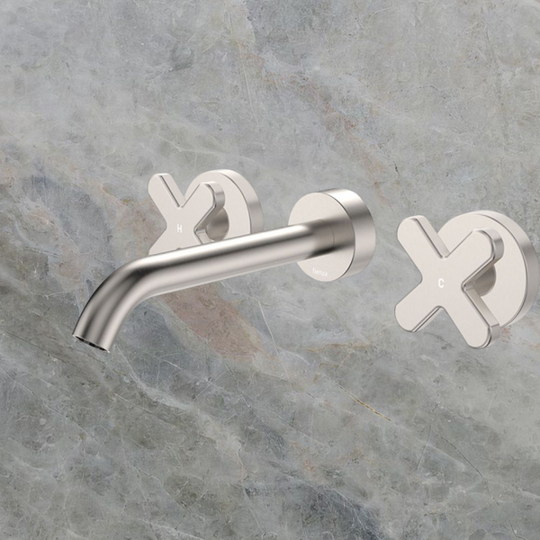 Fienza Kaya Cross Taps Wall Basin/Bath 180mm Outlet Set Brushed Nickel Lead Free