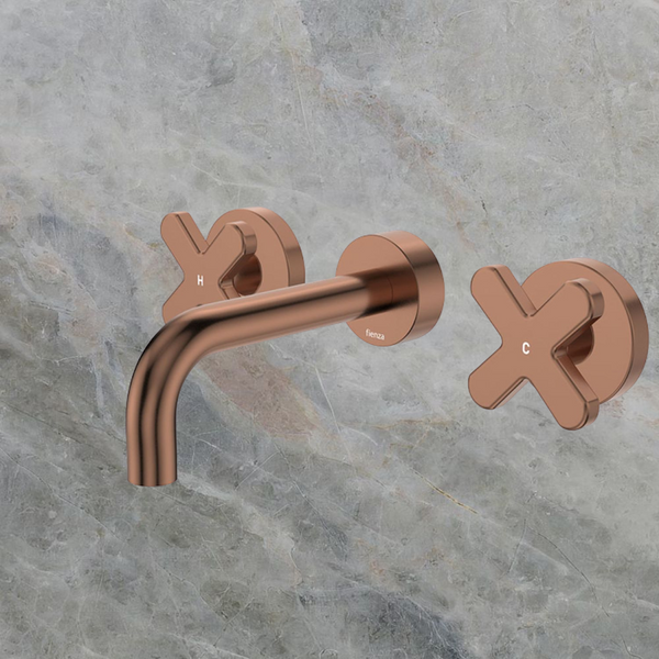 Fienza Kaya Cross Taps Wall Basin/Bath 130mm Outlet Set Brushed Copper Lead Free