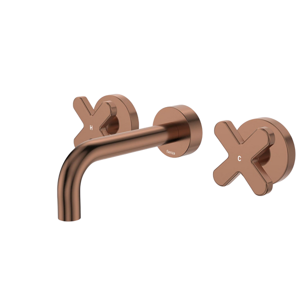 Fienza Kaya Cross Taps Wall Basin/Bath 130mm Outlet Set Brushed Copper Lead Free
