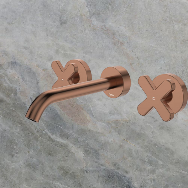 Fienza Kaya Cross Taps Wall Basin/Bath 180mm Outlet Set Brushed Copper Lead Free