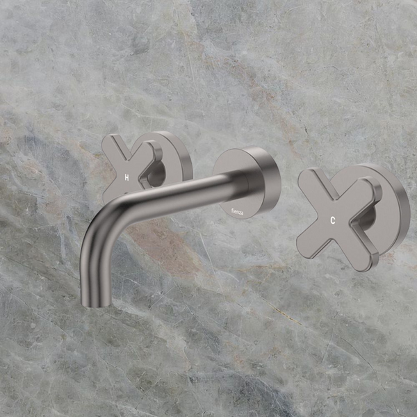 Fienza Kaya Cross Taps Wall Basin/Bath 130mm Outlet Set Gunmetal Lead Free