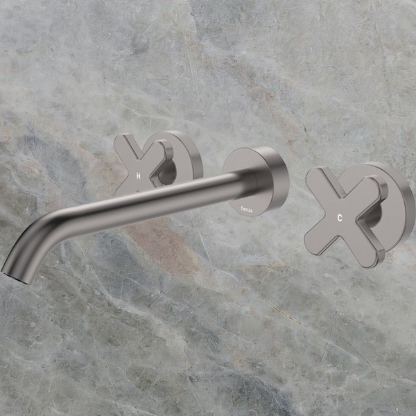 Fienza Kaya Cross Taps Wall Basin/Bath 220mm Outlet Set Gunmetal Lead Free