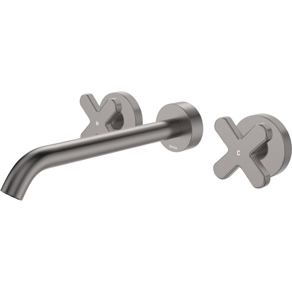 Fienza Kaya Cross Taps Wall Basin/Bath 220mm Outlet Set Gunmetal Lead Free