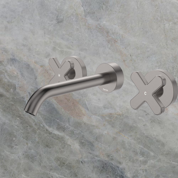 Fienza Kaya Cross Taps Wall Basin/Bath 180mm Outlet Set Gunmetal Lead Free
