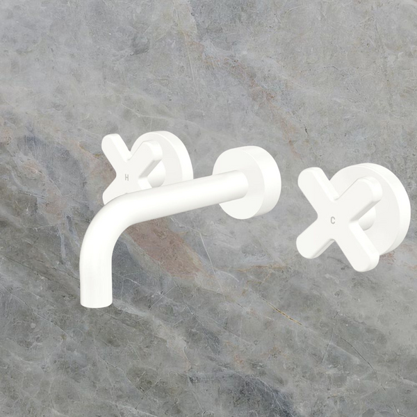 Fienza Kaya Cross Taps Wall Basin/Bath 130mm Outlet Set Matte White Lead Free