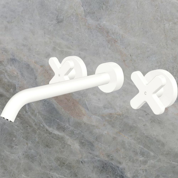 Fienza Kaya Cross Taps Wall Basin/Bath 220mm Outlet Set Matte White Lead Free