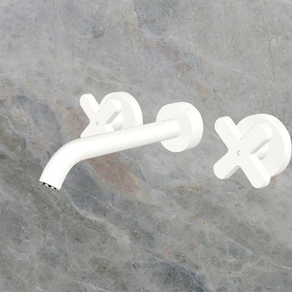 Fienza Kaya Cross Taps Wall Basin/Bath 180mm Outlet Set Matte White Lead Free