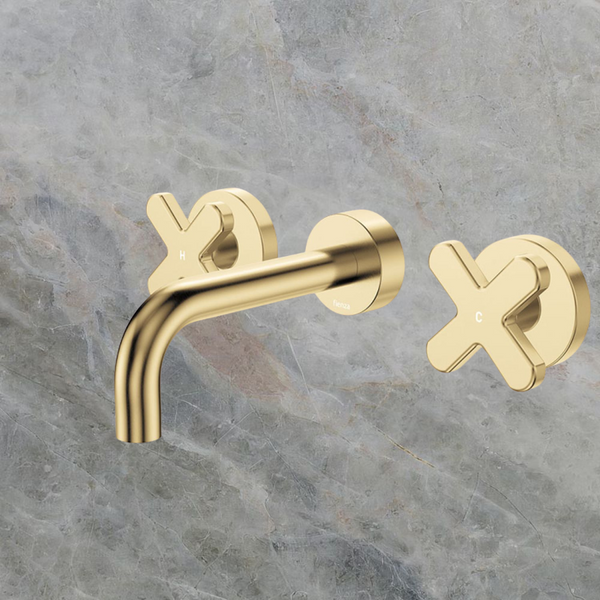 Fienza Kaya Cross Taps Wall Basin/Bath 130mm Outlet Set Urban Brass Lead Free