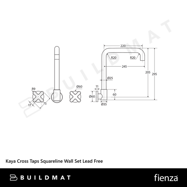 Fienza Kaya Cross Taps Squareline Wall Set Chrome Lead Free