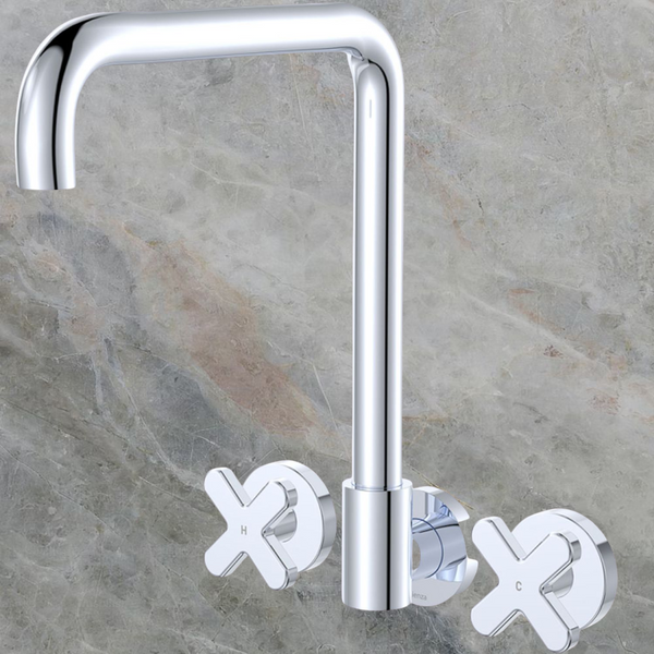 Fienza Kaya Cross Taps Squareline Wall Set Chrome Lead Free