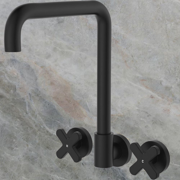 Fienza Kaya Cross Taps Squareline Wall Set Matte Black Lead Free