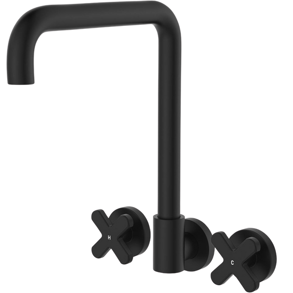 Fienza Kaya Cross Taps Squareline Wall Set Matte Black Lead Free