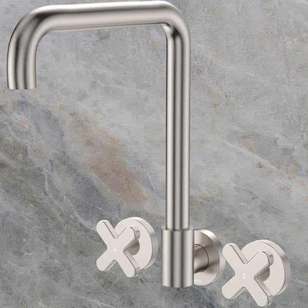 Fienza Kaya Cross Taps Squareline Wall Set Brushed Nickel Lead Free