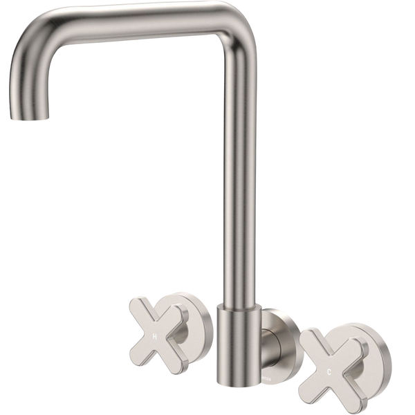 Fienza Kaya Cross Taps Squareline Wall Set Brushed Nickel Lead Free