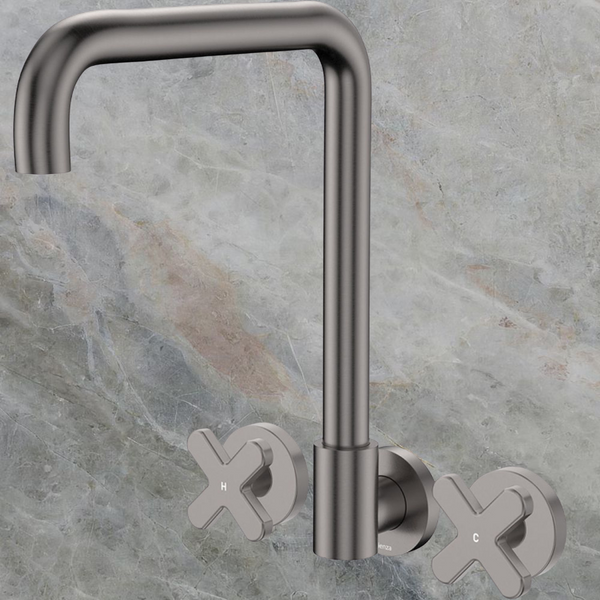 Fienza Kaya Cross Taps Squareline Wall Set Gunmetal Lead Free