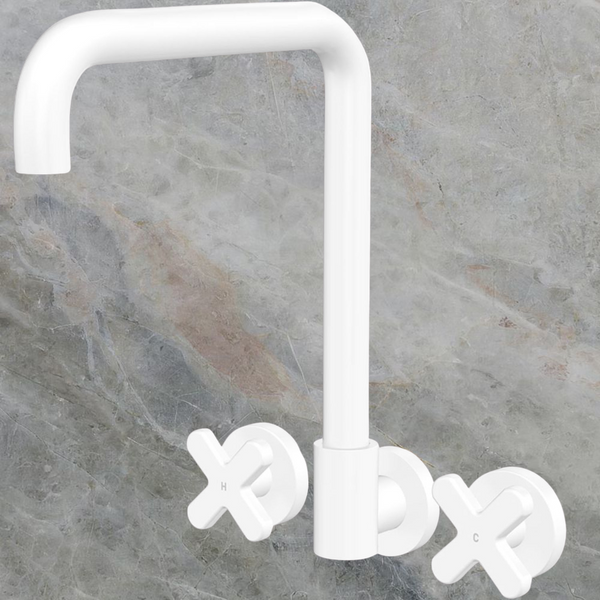 Fienza Kaya Cross Taps Squareline Wall Set Matte White Lead Free