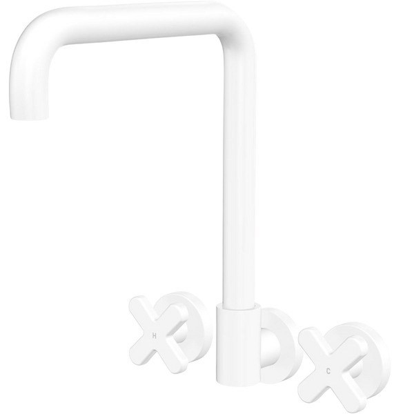 Fienza Kaya Cross Taps Squareline Wall Set Matte White Lead Free