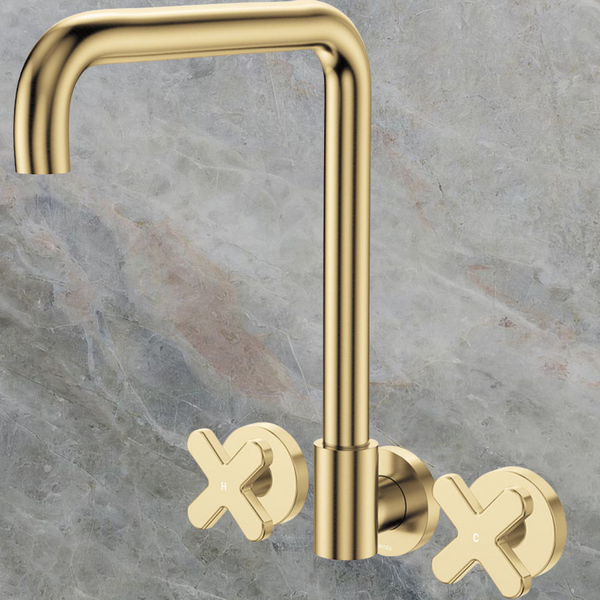 Fienza Kaya Cross Taps Squareline Wall Set Urban Brass Lead Free