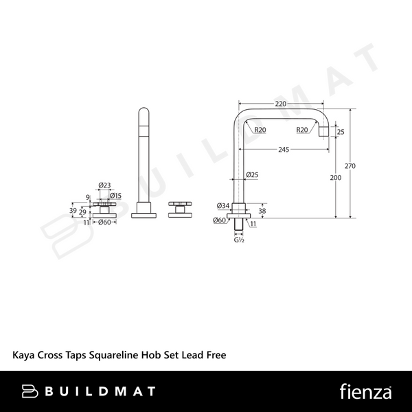 Fienza Kaya Cross Taps Squareline Hob Set Matte Black Lead Free