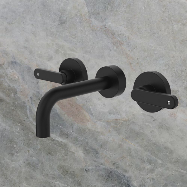 Fienza Kaya Lever Taps Wall Basin/Bath 130mm Outlet Set Matte Black Lead Free