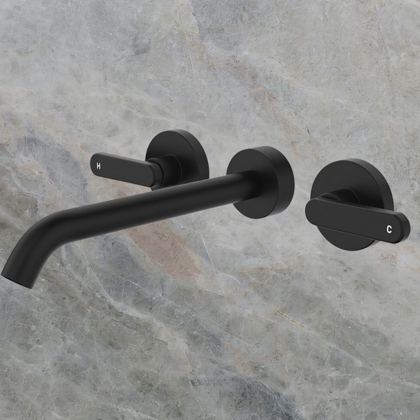 Fienza Kaya Lever Taps Wall Basin/Bath 220mm Outlet Set Matte Black Lead Free