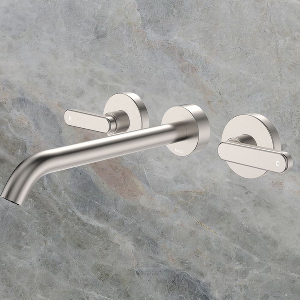 Fienza Kaya Lever Taps Wall Basin/Bath 220mm Outlet Set Brushed Nickel Lead Free