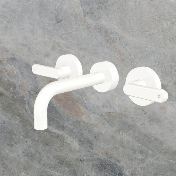 Fienza Kaya Lever Taps Wall Basin/Bath 130mm Outlet Set Matte White Lead Free