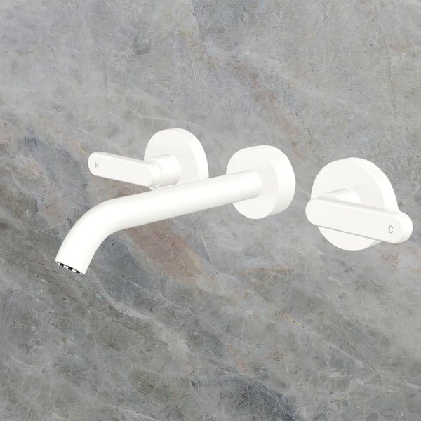 Fienza Kaya Lever Taps Wall Basin/Bath 180mm Outlet Set Matte White Lead Free