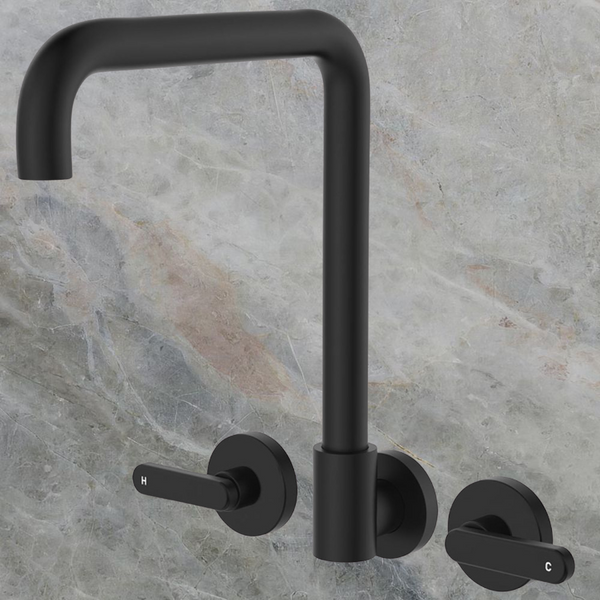 Fienza Kaya Lever Taps Squareline Wall Set Matte Black Lead Free