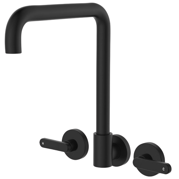 Fienza Kaya Lever Taps Squareline Wall Set Matte Black Lead Free