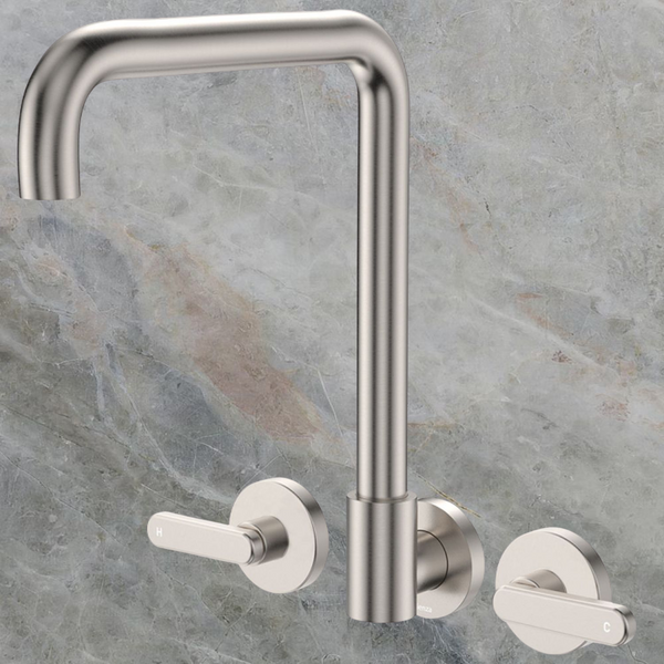 Fienza Kaya Lever Taps Squareline Wall Set Brushed Nickel Lead Free