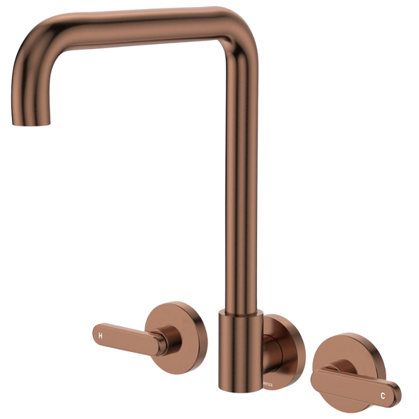 Fienza Kaya Lever Taps Squareline Wall Set Brushed Copper Lead Free