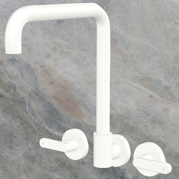 Fienza Kaya Lever Taps Squareline Wall Set Matte White Lead Free