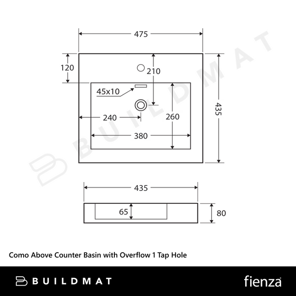 Fienza Como Above Counter Basin with Overflow 1 Tap Hole Gloss White