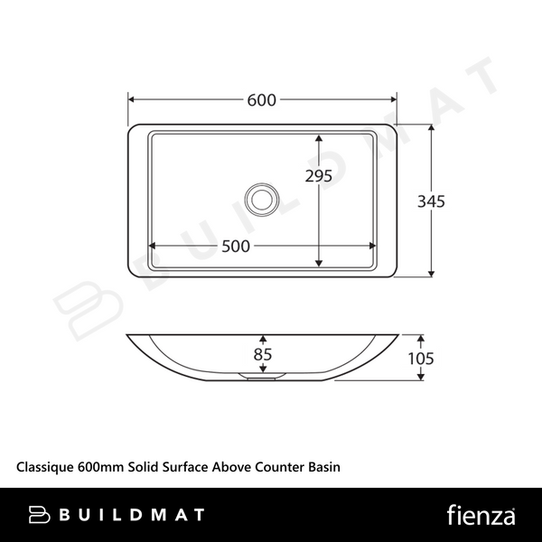 Fienza Classique 600mm Solid Surface Above Counter Basin Matte Black