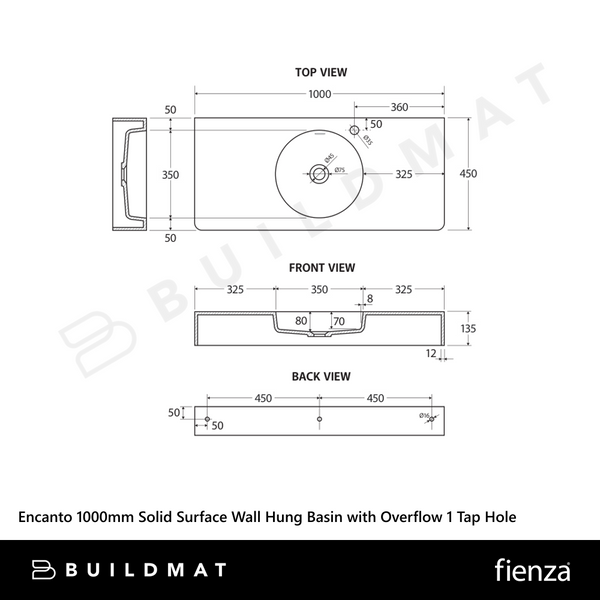 Fienza Encanto 1000mm Solid Surface Wall Hung Basin with Overflow 1 Tap Hole Matte White
