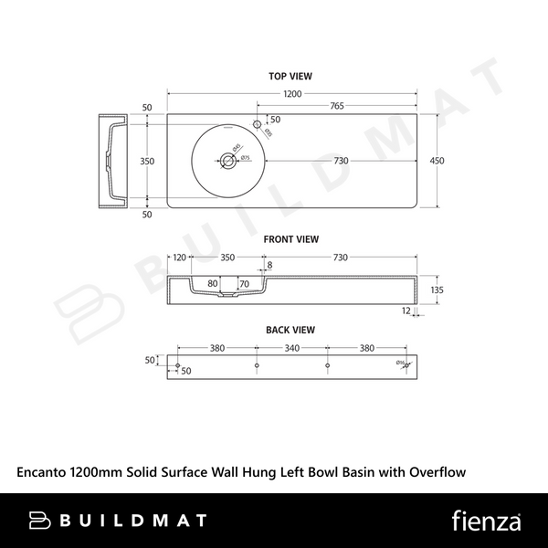 Fienza Encanto 1200mm Solid Surface Wall Hung Left Bowl Basin with Overflow Matte White