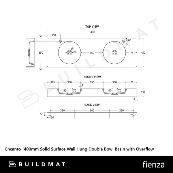 Fienza Encanto 1400mm Solid Surface Wall Hung Double Bowl Basin with Overflow Matte White