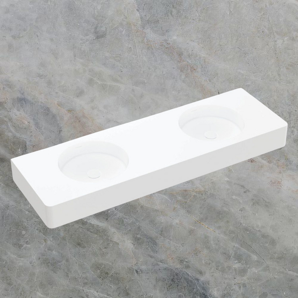 Fienza Encanto 1400mm Solid Surface Wall Hung Double Bowl Basin with Overflow Matte White