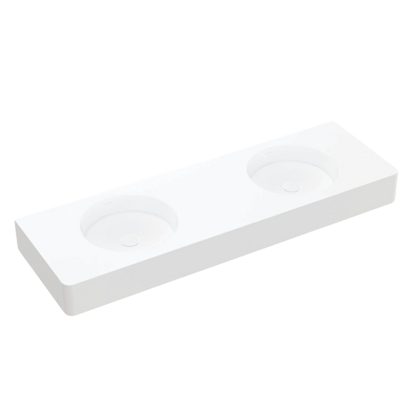 Fienza Encanto 1400mm Solid Surface Wall Hung Double Bowl Basin with Overflow Matte White