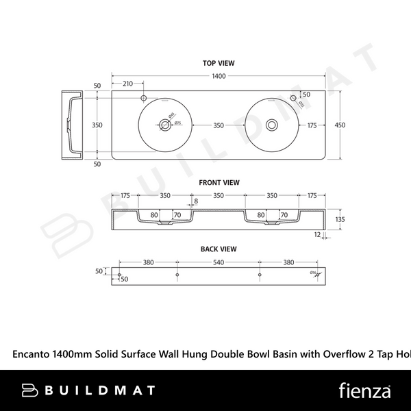 Fienza Encanto 1400mm Solid Surface Wall Hung Double Bowl Basin with Overflow 2 Tap Holes Matte White