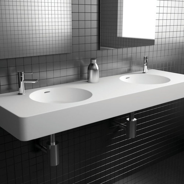 Fienza Encanto 1400mm Solid Surface Wall Hung Double Bowl Basin with Overflow 2 Tap Holes Matte White