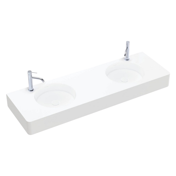 Fienza Encanto 1400mm Solid Surface Wall Hung Double Bowl Basin with Overflow 2 Tap Holes Matte White