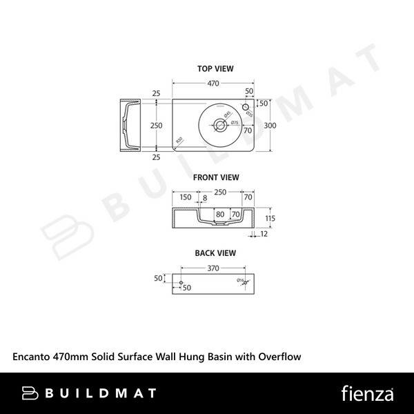 Fienza Encanto 470mm Solid Surface Wall Hung Basin with Overflow Matte White