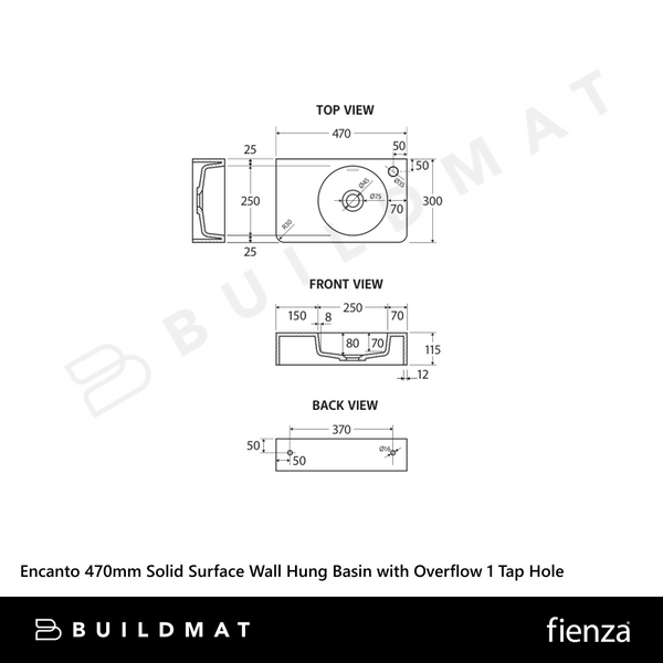 Fienza Encanto 470mm Solid Surface Wall Hung Basin with Overflow 1 Tap Hole Matte White