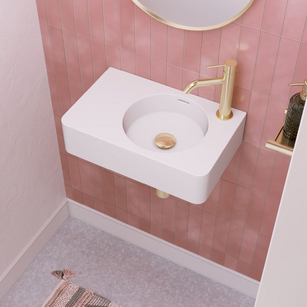 Fienza Encanto 470mm Solid Surface Wall Hung Basin with Overflow 1 Tap Hole Matte White